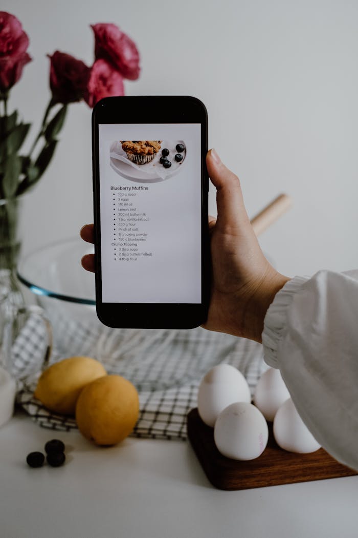 who-we-are A smartphone with a blueberry muffin recipe held over kitchen ingredients.